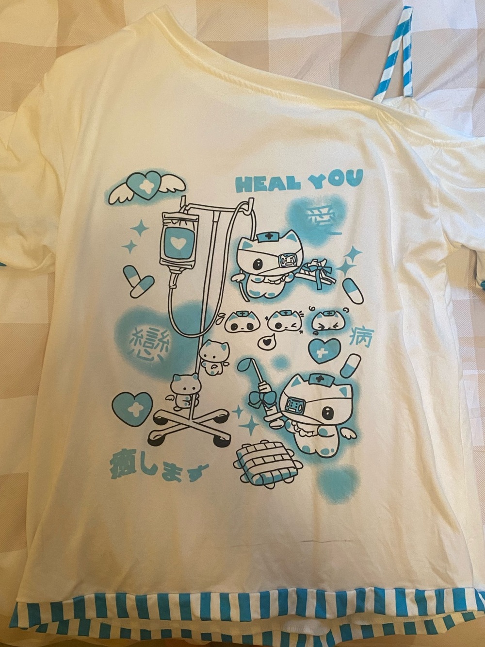 White Tee with Blue Cute Medical Cat Graphic